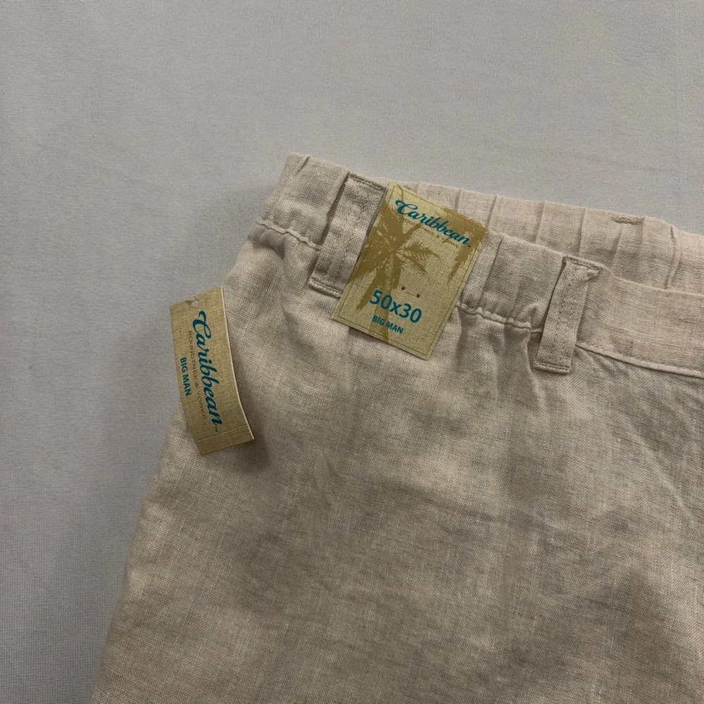 Caribbean Cargo Pants 100% Linen Elastic Waist Natural Mens 50x30 NWT